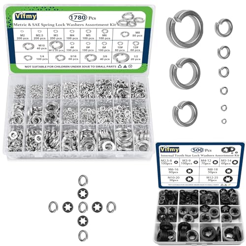 Metric & SAE Spring Lock Washers Assortment Kit(1780Pcs) & Vifmy External Tooth Lock Washers Assortment Kit(500 Pack)