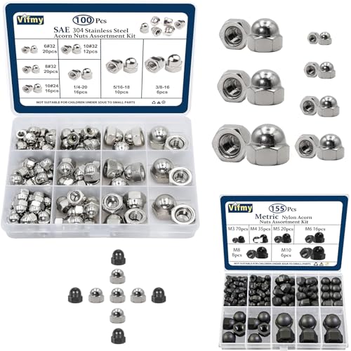 304 Stainless Steel Acorn Nuts Assortment Kit(100PCS) & Vifmy Metric Black Nylon Acorn Nuts Assortment Kit