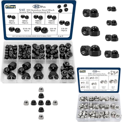 SAE Black Stainless Steel Acorn Nuts Assortment Kit (80Pcs) & Vifmy 304 Stainless Steel Acorn Nuts Assortment Kit(100PCS)