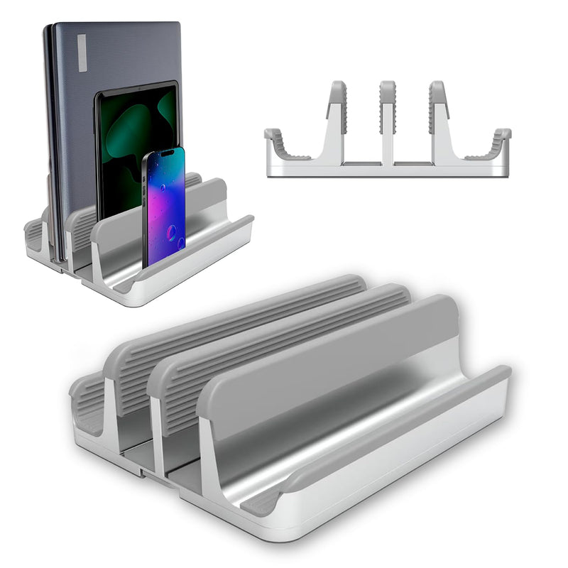 Elestoria 4 Device Vertical Laptop Stand – Adjustable Desktop Dock for MacBook, Dell, HP, Lenovo, iPad, Tablets & Phones – Multiple Slot Holder (Fits Up to 17.3") – Silver