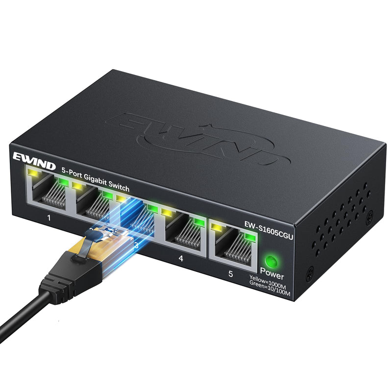 EWIND 2025 Upgraded 5 Port Gigabit Ethernet Switch with LED&VLAN Isolation, Lifetime Protection, Plug & Play Unmanaged Network Switch, Fanless Quiet, Desktop/Wall Mount Metal Ethernet Splitter 5 Port | 1G Enhanced Features