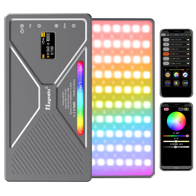 NA225 RGB Video Light App Control, 2500K-9900K, Build-in 4000mAh Rechargeable Battery Portable Phone Camera Photo Lights for Studio Photography Vlogging Streaming Live Beauty and Filming Metal gray