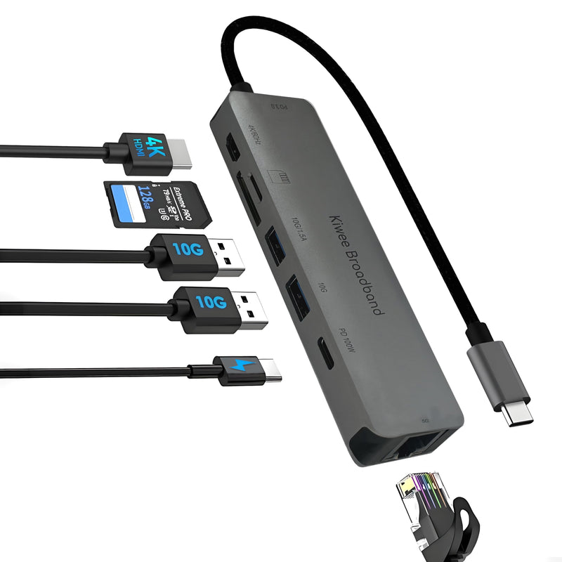 Kiwee Broadband 7-in-1 USB-C Hub with 5Gbps Ethernet, 100W PD Charging, 4K HDMI, 2 USB-A 3.2 Ports, SD/MicroSD Card Reader, Universal Dock for MacBook, Windows Laptop, iPad, Chromebook (KB-USBC-5GH7) KB-USBC-5GH7