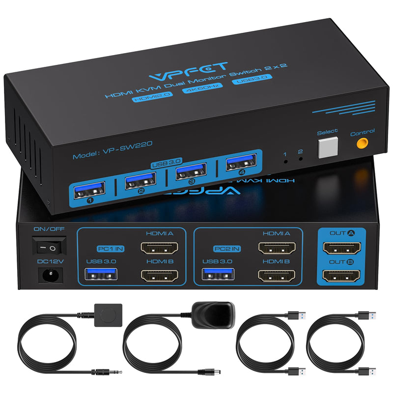 HDMI KVM Switch 2 Monitors 2 Computers 4K@60Hz USB 3.0 Dual Monitor KVM Switch 2 Ports for 2 PC Share 2 Screens and 4 USB Devices for Keybord Mouse Printer with Desktop Controller HDMI 2 PC 2 Monitors Deep Blue