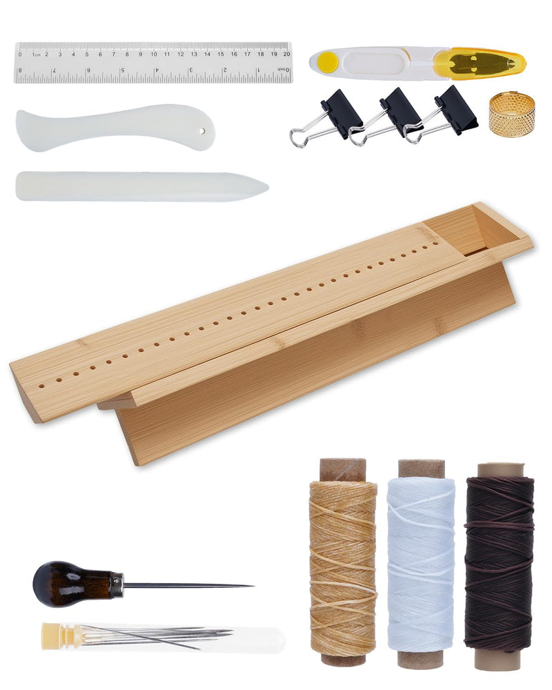 eZAKKA Book Binding Kits with Waxed Thread, Needle,Binder Paper Clips, Awl and Cradle for DIY Bookbinding Crafts and Sewing Supplies, 1+14PCS Book Binding Cradle, 1+14PCS