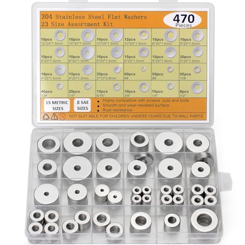 470pcs Fender Washers 304 Stainless Steel Flat Washers 23 Sizes SAE+Metric Assorted Washers Set Assortment Washer Kit for Screws Bolts (M3 M4 M5 M6 M8 M10 M12 6# 8# 10# 1/4 5/16 3/8 1/2) Size 1
