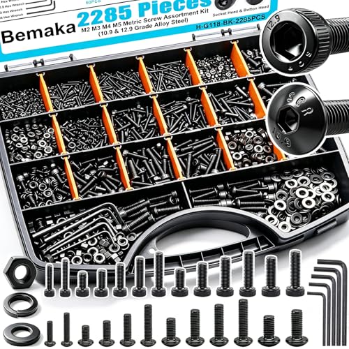 2285PCS M2 M3 M4 M5 Metric Screw Assortment Kit, Socket Head & Button Head Metric Screws and Nuts Set, 10.9 & 12.9 Grade Alloy Steel Machine Screws for 3D Printing M2 M3 M4 M5-2285PCS