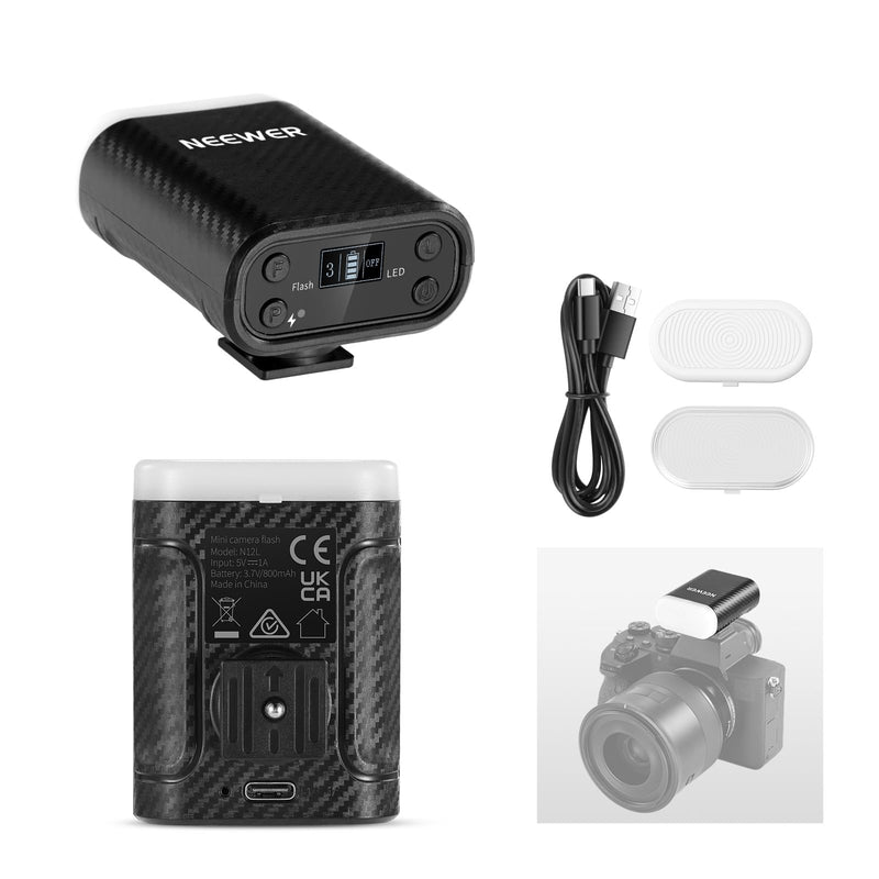 NEEWER BASICS Mini Camera Flash with LED Video Fill Light/LCD Display/800mAh, Compatible with Canon Fujifilm Sony Nikon DSLR Standard Hot Shoe Cameras for Studio Photography Photoshoots Lighting, N12L