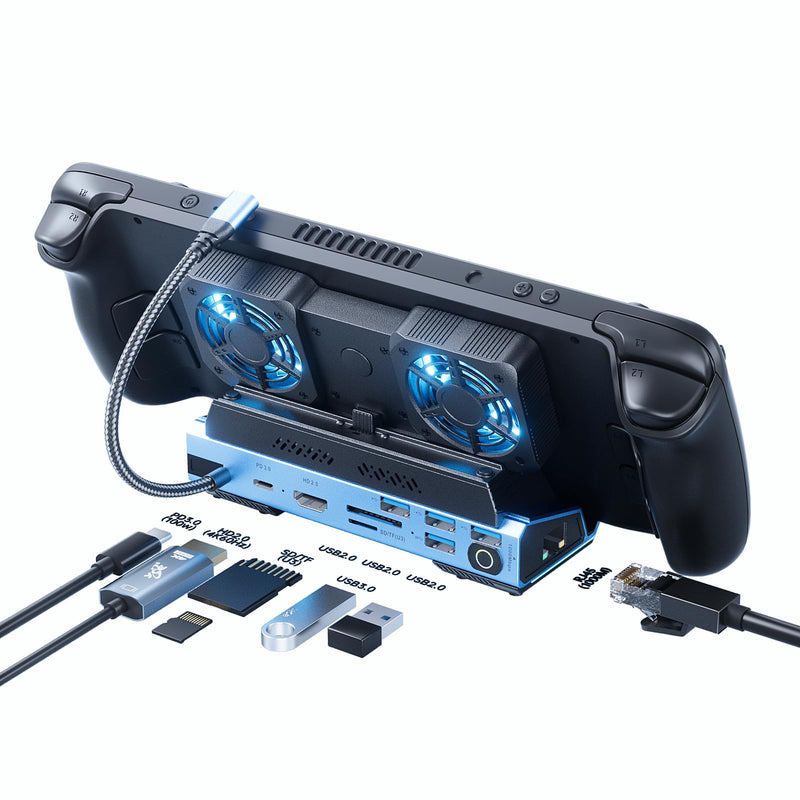 Docking Staion for Steam Deck/ROG Ally/Legion Go,13 in 1 Double Fan Steam Deck Dock.1000Mbps Ethernet, PD100W Charging,SD/TF Double Card Slots，HD 2.0 4K@60Hz，4 USB Port. Slot Steam Deck Dock.