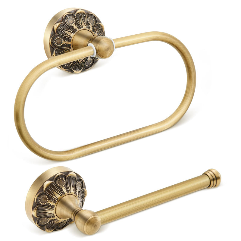 2 Pieces Set Antique Brass Toilet Paper Holder Retro Brass Hand Towel Ring Tissue Roll Paper Hanger Bathroom Hardware Wall Mounted Vintage Bathroom Accessories(Rectangle) Rectangle