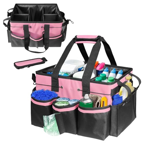 Cleaning Caddy Tote with Removable Dividers - 17.8x12.2x9.3in Waterproof Tool Organizer Bag with Handles & Adjustable Shoulder Strap for Housekeepers, Cleaners & Car Detailing Supplies (Pink) pink