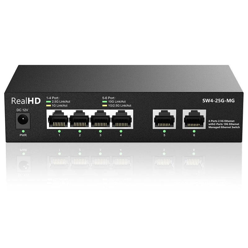 6-Port 10Gb Web Managed Ethernet Network Switch | 2 x 10Gb RJ-45 Ports | 4 x 2.5Gb Base-T Ports | Multi Gigabit Switch 10-100-1000Mbps | 60G Bandwidth | Fanless Metal Internet Switch 2 x 10Gb RJ45 | 5 x 2.5Gb Base-T Managed