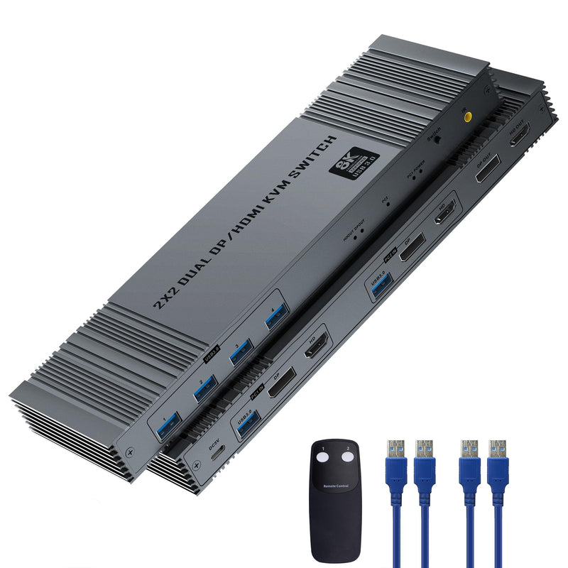8K@60Hz HDMI+DP KVM Switch with 4-Port USB 3.0 Hub Dual HDMI Monitor KVM Switch for 2 Computers Supports Extended/Copy Mode, Keyboard & Mouse Sharing, Includes USB Cables & Remote Controller