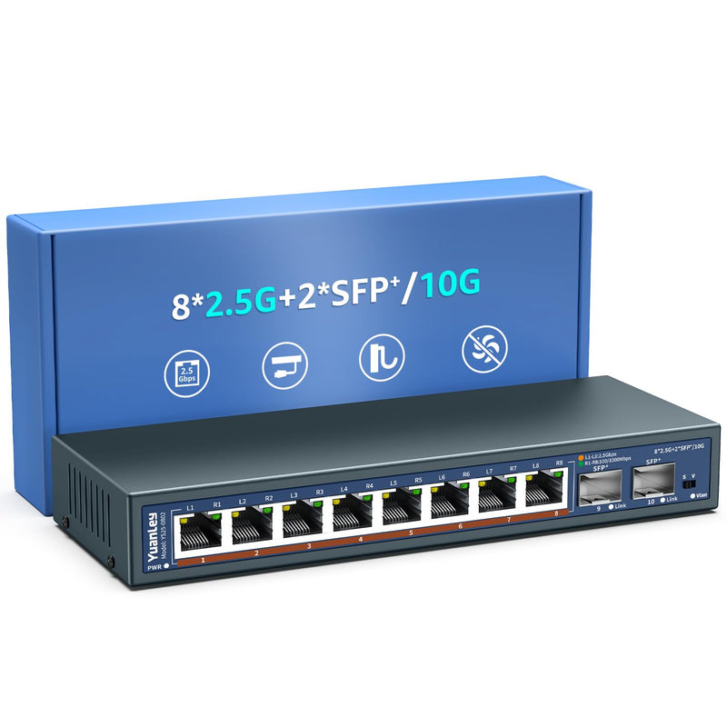 10 Port 2.5G Unmanaged Ethernet Switch, 8 x 2.5G Base-T Ports, 2 x 10G SFP, Compatible with 100/1000/2500Mbps, VLAN, Fanless, Desktop/Wall Mount YuanLey 2.5Gbe Network Switch for Wireless AP, NAS, PC 10 Port | 8x2.5G +2x10G SFP
