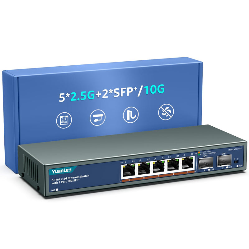 7 Port 2.5G Unmanaged Ethernet Switch, 5 x 2.5G Base-T Ports, 2 x 10G SFP, Compatible with 100/1000/2500Mbps, VLAN, Fanless, Desktop/Wall Mount YuanLey 2.5Gbe Network Switch for Wireless AP, NAS, PC 5 Port 2.5G + 2x 10G SFP+