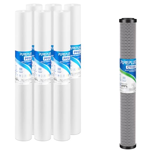 PUREPLUS 5 Micron 2.5" x 20" Whole House CTO Carbon Sediment Water Filter 1PACK and 20"X2.5" 5 Microns Whole House Sediment RO System Water Filter 6PACK