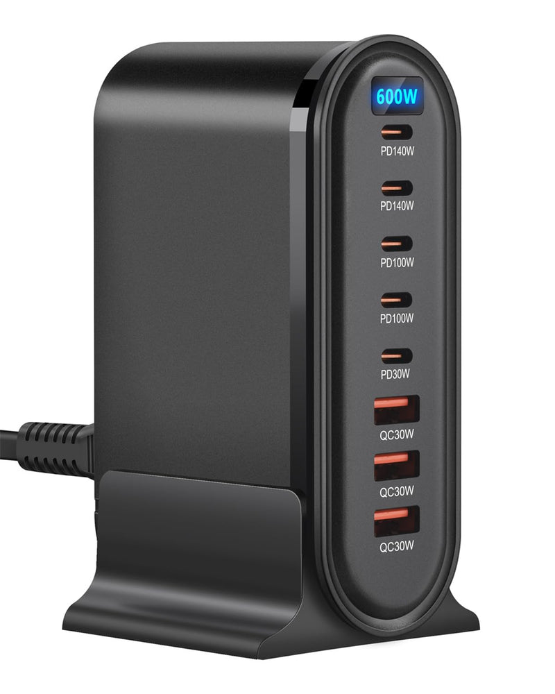 USB-C GaN Charger 8 in 1 Charging Station Dual 140W PD PPS Port+Dual 100W PD Port for Multiple Electronics Devices,Laptop Wall Charger Compatible with MacBook/iPhone 16/iPad (600W-B) 600W-B
