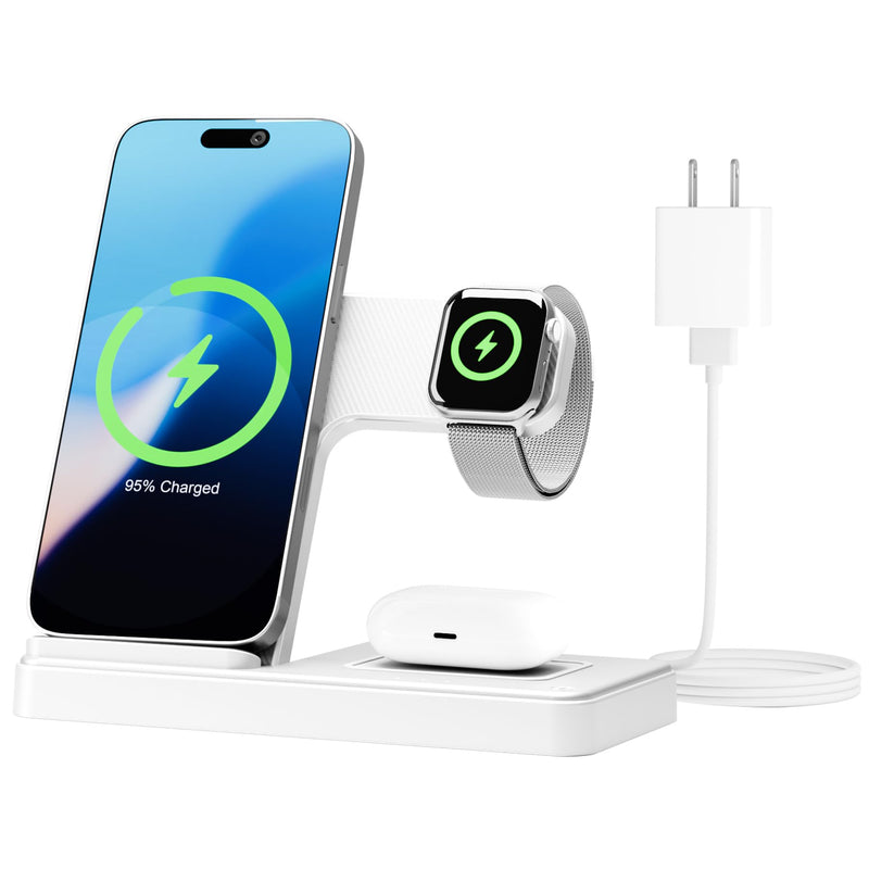 Wireless Charging Station for Apple Devices: 3 in 1 Foldable Qi Compact Case-Friendly Charger Stand for iPhone 16-12 & Apple Watch & AirPods Charging Dock for Travel Home Office Desk Nightstand(White) White 1