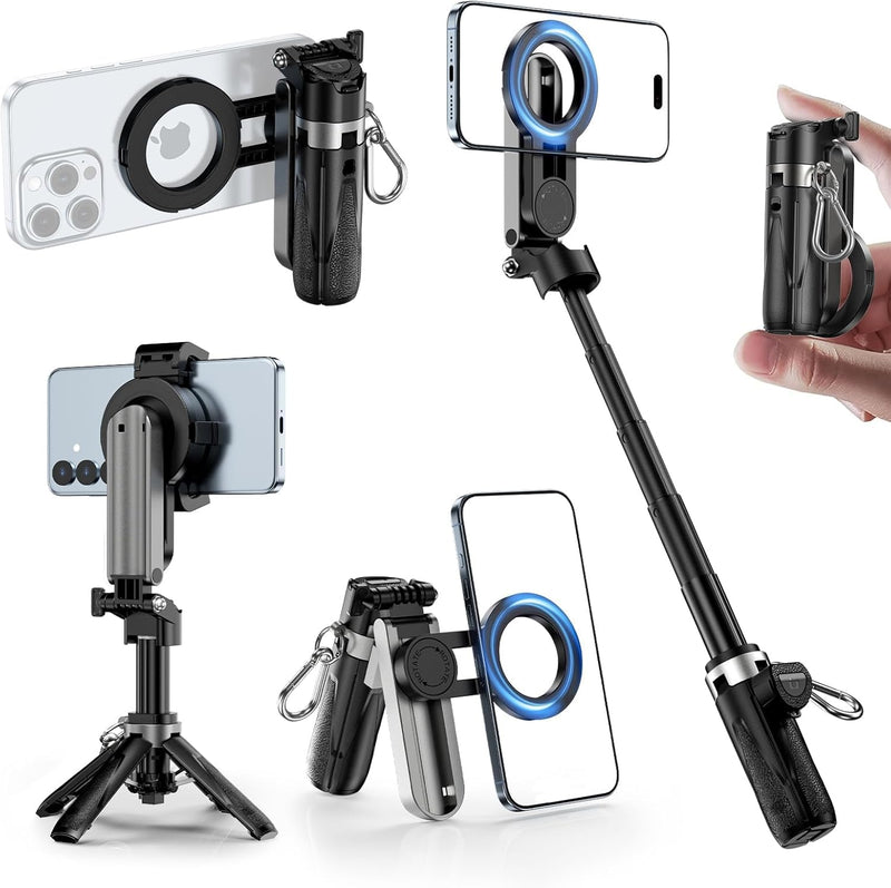 CloudValley Magnetic Mini Selfie Stick Tripod, 4-in-1 Pocket Size Phone Tripod with 360° Rotation, Rechargeable Bluetooth Remote, Foldable Handle Grip, Compatible with MagSafe iPhone for Photo/Video No Light
