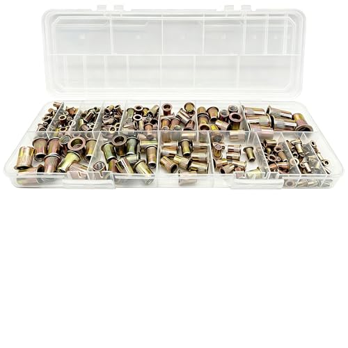 Metric and SAE Rivet nut Combination Kits of 15 Size (256 Pieces) m3 m4 m5 m6 m8 m10 m12#6-32#8-32#10-32#10-24# 1/4"-20 5/16"-18 3/8"-16 1/2"-13UNC Flat Head Galvanized nut kit 256PCS RIVET NUTS KIT