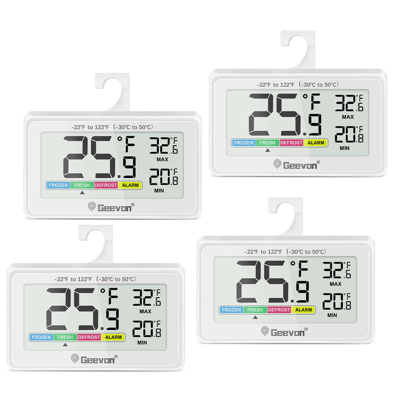 Geevon Digital Refrigerator Thermometer 4 Pack, IP65 Waterproof Fridge and Freeze Thermometer with Magnetic Back Large LCD，Max/Min Record Function for Home,Commercial White-4Pack