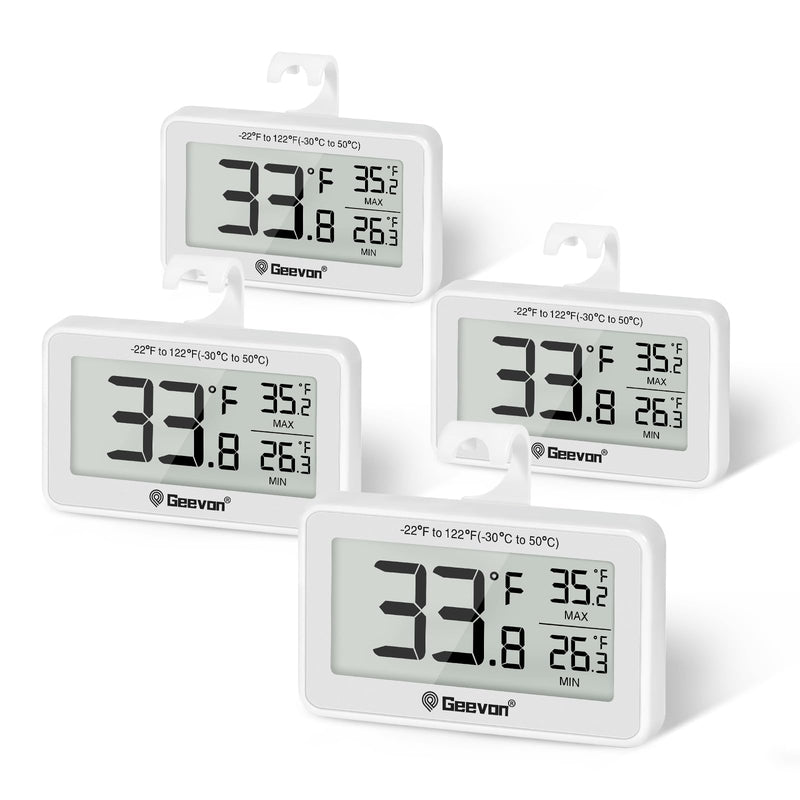 Geevon 4 Pack Refrigerator Thermometer Digital Fridge Thermometer IP65 Waterproof with Large LCD Display,Max/Min Record Function,Magnetic Back,for Fridge,Freezer Scenarios White-4Pack
