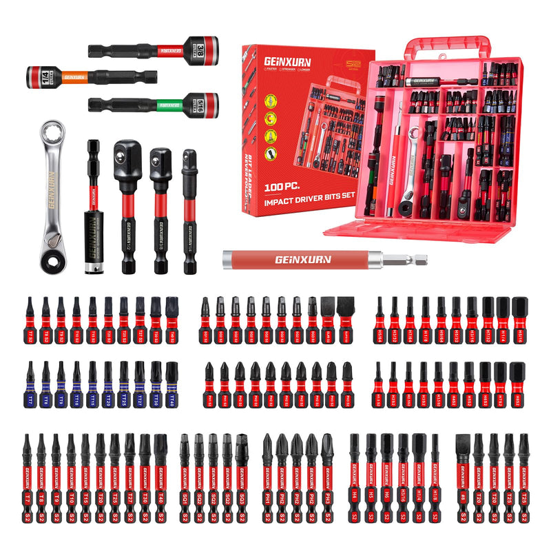 Geinxurn 100Pieces 1”/2” Impact Screwdriver Bits Set, Magnetic S2 Steel (Phillips/Slotted/Square/Torx/Hex/Security Torx) Driver Bits Tips,Impact Bit Holder and Nut Driver with Red Storage Box Case 1"/2"-100PCS Multi-bit 100