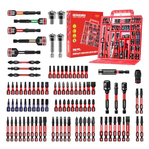 Geinxurn 98Pieces 1”/2” Impact Screwdriver Bits Set, Magnetic S2 Steel (Phillips/Slotted/Square/Torx/Hex/Security Torx) Driver Bits Tips,Impact Bit Holder and Nut Driver with Red Storage Box Case 1"/2"-98PCS Multi-bit Red