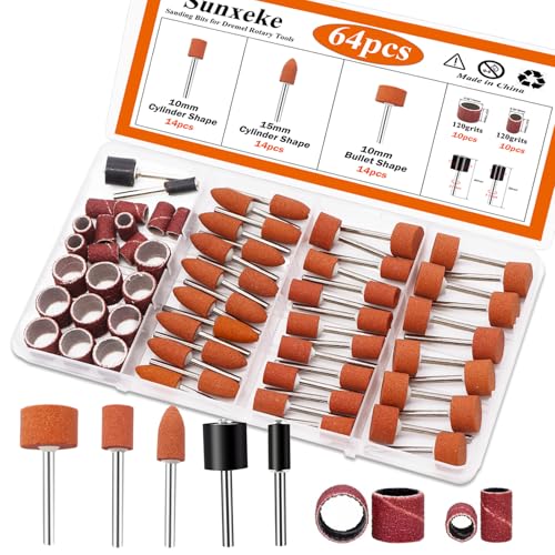 64Pcs Sanding Bits for Dremel Rotary Tools, 42Pcs Aluminum Oxide Grinding Stones Sanding Drill Bits (1/8 inch Shank) and Sanding Drums,Sanding Accessories for Metal Rust Removal Polishing