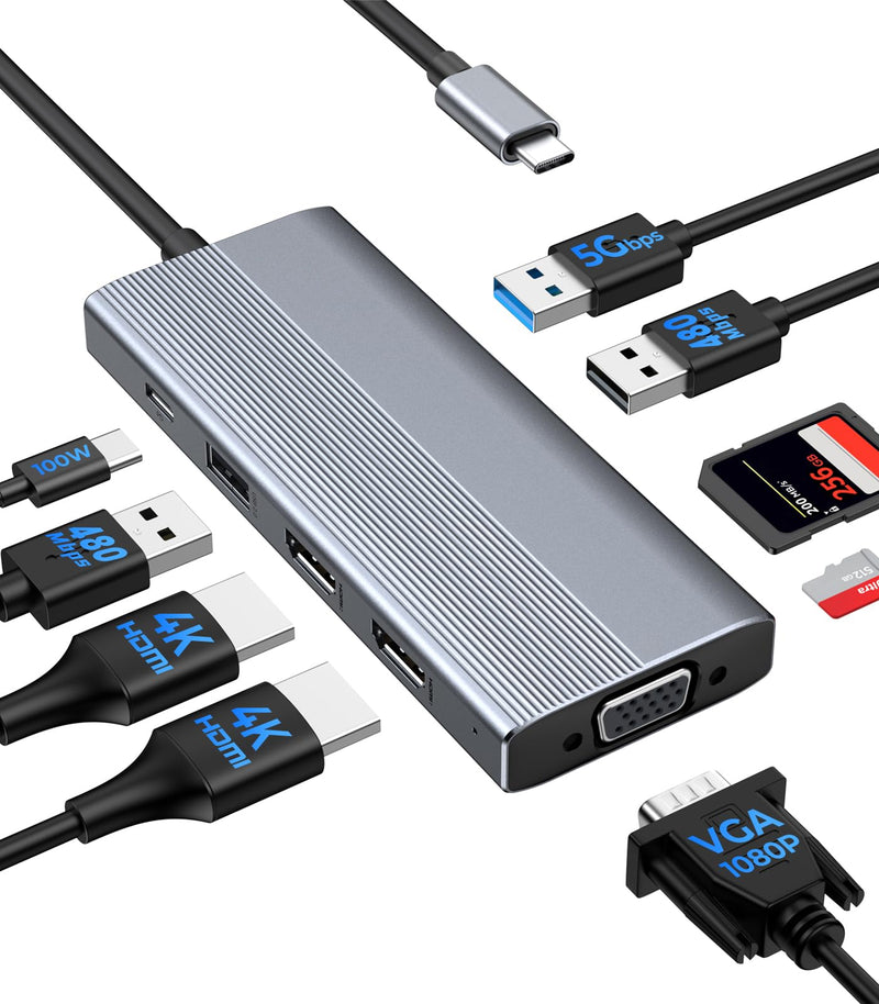 GIISSMO USB C Docking Station 3 Monitors HDMI Adapter for Dell HP Lenovo, 9 in 1 Laptop Docking Station 3 Monitors USB C Hub with 2 HDMI 4K Ports + VGA + 100W PD Charging + 3 USB + SD/TF Card Reader