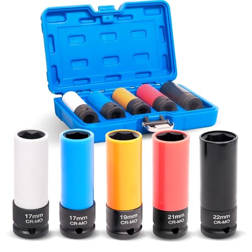 5Pcs Lug Nut Socket Set, 1/2" Drive Metric 17mm 19mm 21mm 22mm 5pcs