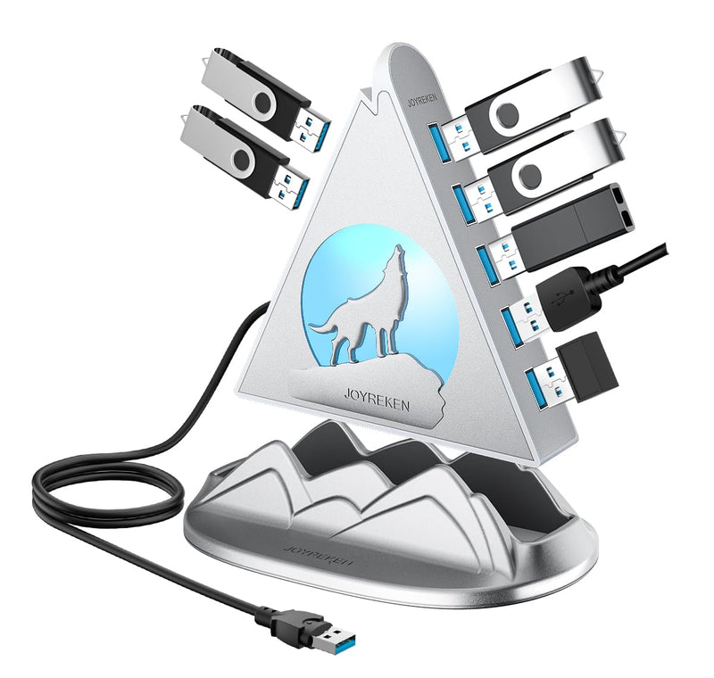 USB Hub 3.0, 7-Port USB Hub with RGB Night Light and Base, Vertical USB a Splitter for Desktop,Laptop, MacBook, Xbox, PS4/5, Game Console, Flash Drive, XPS, PC, Printer, Camera, Keyboard (Silver+Base) 2ft Silver