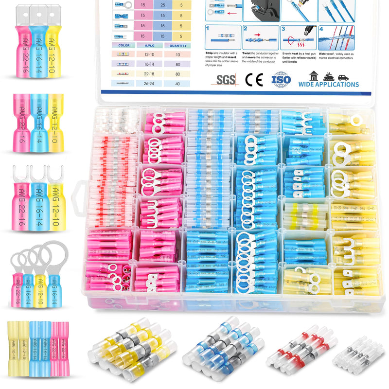 Kuject 500PCS Heat Shrink Wire Connectors Kit, Waterproof Electrical Connector Assortment with Solder Seal Butt, Crimp Butt, Ring, Fork and Spade Terminals, 26-10 AWG for Marine Auto Truck DIY 500