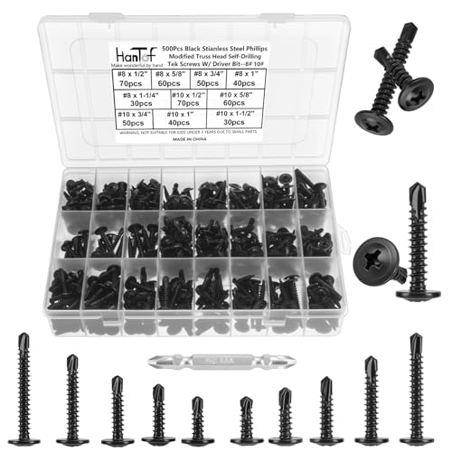 500Pcs Black Self Tapping Screws for Metal, 410 Stainless Steel, #8#10 Truss Head Self Drilling Screws, Sheet Metal Screws, Phillips Drive Deck Screws Kit with 1 Bits, Length 1/2" to 1-1/4''