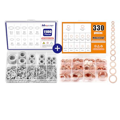 1100 Pcs Flat Washers Assortment Kit + 330 Pcs Copper Crush Washers Kit, Metal Washers for Automotive, Construction, Mechanical, and DIY Repair