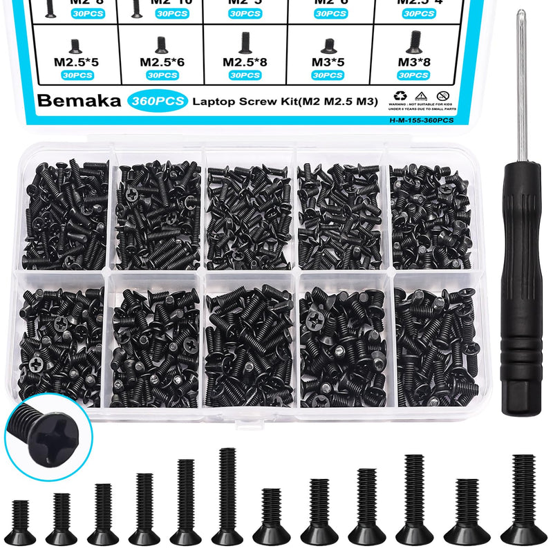 360Pcs Laptop Screws Notebook Computer Tiny Screw Kit 12 Sizes M2 M2.5 M3 Laptop Replacement Computer Screws for Motherboard SSD PC Fan Hard Drive