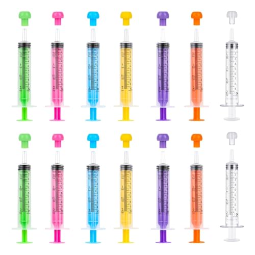 10 ml Reusable Plastic Syringes, Pack of 14 with Cap, 7 Colours | Individually packed and without needle, suitable for colostrum, liquids, clean dosage, crafts and animal feeding