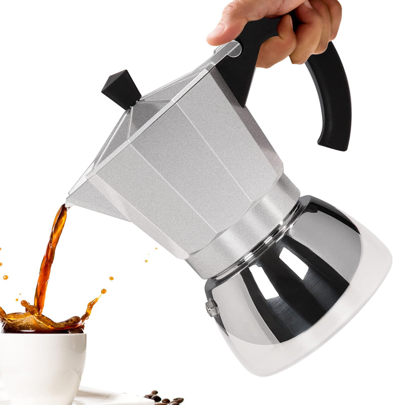 No Coating 4 Cup Aluminum and Stainless Steel Moka Pot Stovetop Espresso Maker Italian Coffee Machine 220ml 7.44oz Suitable for Gas Induction Stovetop Greca Coffee Maker Percolator Silver 4 Cup 220ml