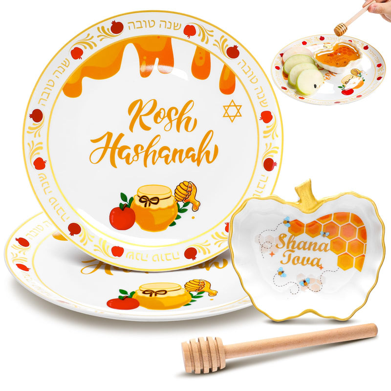 3 Pcs Rosh Hashanah Ceramic Honey Dish Set Decorations Shana Tova Ceramic Apple and Honey Plate with Dish Wooden Dipper Jewish New Year Hostess Party Favors Kitchen Accessories Table Decorations