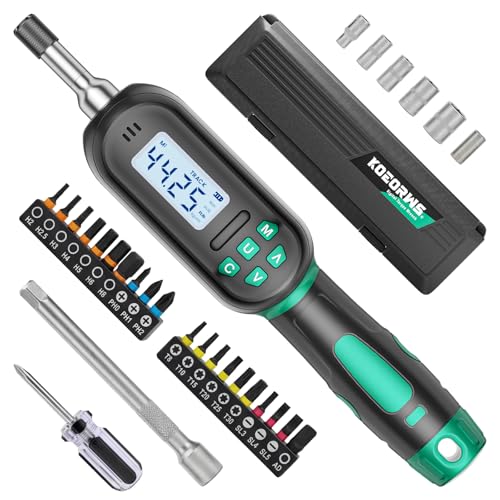 Digital Torque Screwdriver, 3.54–70.81 in‑lb / 0.4–8 N·m, 1/4″ Drive Ratchet Torque Screwdriver Set with Buzzer & LED Indicator – Includes 19 Bits, 5 Short Sockets, Adapter and Batteries