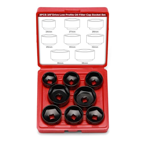 Mayouko 8 Pieces 3/8" Drive Low Profile Oil Filter Cap Wrench Socket Set, 24mm, 27mm,28mm,29mm,30mm,32mm,36mm,38mm,CR-V, Oil Filter Cap Remove and Install Tool Kit 8PCS- 24,27,28,29,30,32,36,38mm