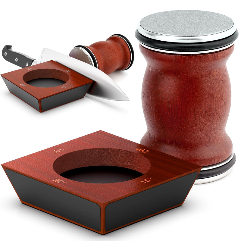 Rolling Knife Sharpener for Razor Sharp Edges, Kitchen Knife Sharpening Tool Kit for Steel of Any Hardness, 15°, 18°, 20° & 22° Magnetic Angle Eco-Friendly Sturdy Sapele Wood