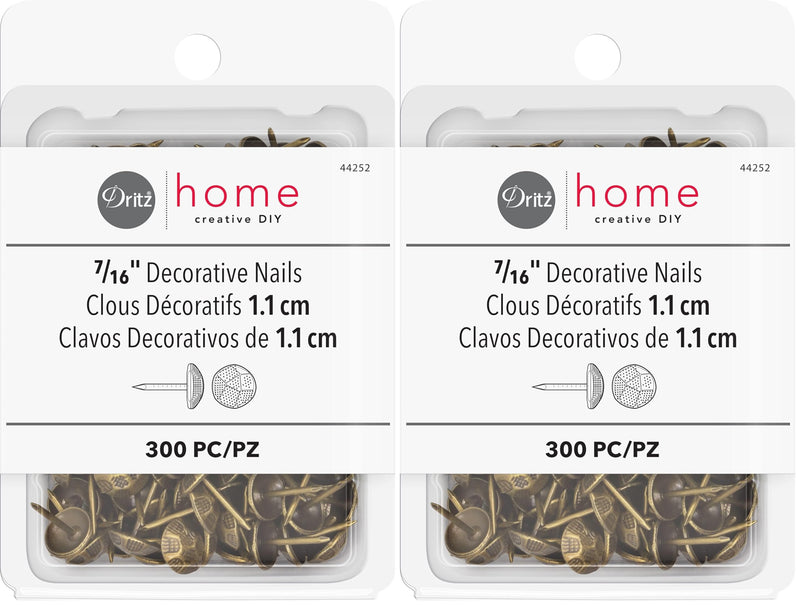 Dritz Home 44252 Hammered Decorative Nails, 7/16-Inch, Antique Brass (300-Piece) (Pack of 2) 300-Piece (Pack of 2)