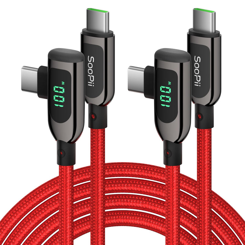 SOOPII 100W Right Angle USB C to USB C Cable,2Pack 10FT Zinc Alloy Case Nylon Braided Type-C Cable with LED Display for iPhone 17/16,lPad Air/Pro,MacBook Pro,Samsung S23/S22/S10,Pixel,LG,Red 2-Pack 10 ft Red