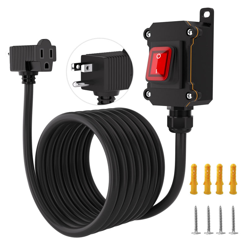 Inline Power Switch with 15-ft 14AWG Cable Piggyback Plug(3-Pronged),Red LED Rocker Button,IP67 Waterproof Extension Cord with On/Off Switch, AC/DC 20A-125V / 16A-250V（15FT/14AWG） 15FT