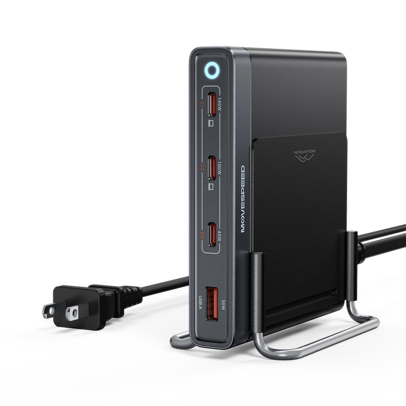 MOVESPEED 165W 4 Port Slim GaN Charging Station, 140W Single Port USB-C Fast Charger with Detachable 5ft Cable & 2 Stands for Laptops, Phones, Tablets (for MacBook/Dell/HP/Samsung etc)