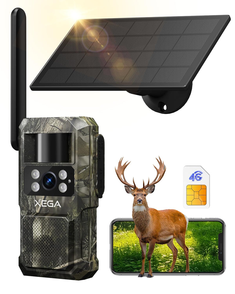Xega 4G LTE Cellular Trail Camera with Livestreaming, No WiFi Game Camera with Built-in SIM Card, Motion Activated, 7800mAh Battery, Color Night Vision No Glow 950nm IR LEDs, IP66 Weatherproof