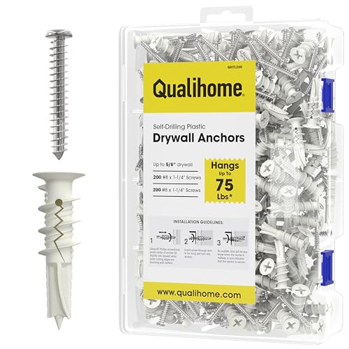Qualihome Drywall Anchors with Screws – Self-Drilling Drywall Anchors, Anti-Spin Grip, No Pre-Drill Wall Anchor Kit, Strong & Reliable Hold, 200 Pack (400 Pieces) 200 Pack (400 Pieces)