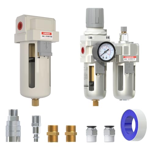 AIRZOE 1/2" NPT Air Dryer and Air Filter Regulator Lubricator Combination-5 Micron Brass Element,0-150 PSI Brass Gauge,AF4000-04,AC4010-04