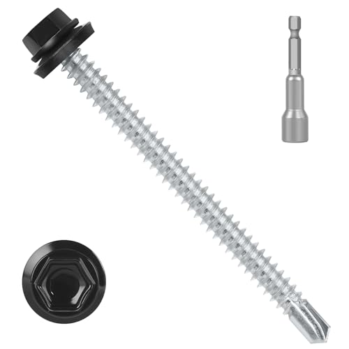 #14 x 5 (50 PCS) Black Metal Roofing Screws with Rubber Washer, Hex Head Self Tapping Screws for Metal, Self Drilling Sheet Metal Screw #14 x 5" 50